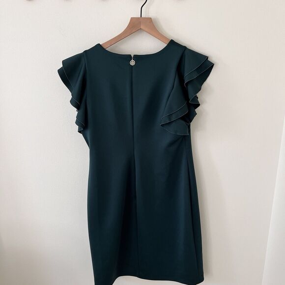 Tommy Hilfiger Forest Green Stretch Pencil Dress Size 12 Ruffle Cap Sleeve - Picture 7 of 8